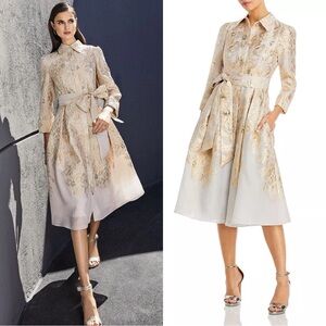 Rickie Freeman for Teri Jon Cream and Gold Long Sleeve Dress